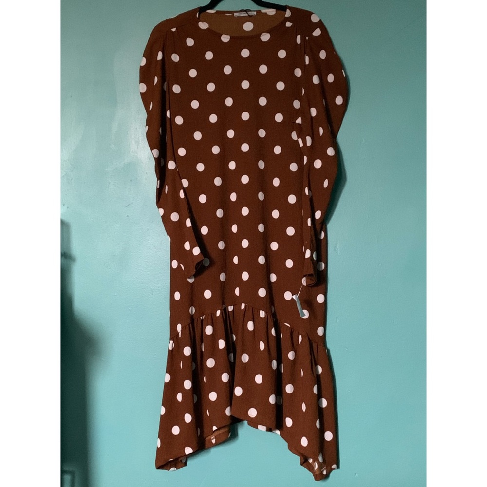 Zara Chestnut Colored Polka Dot Long Sleeve Dress